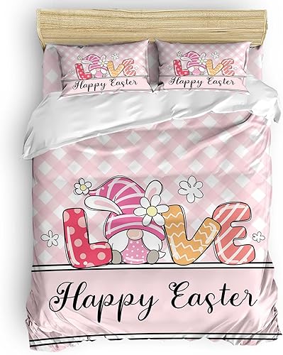 HERBED Juego de funda de edredón de 4 piezas diseño de orejas de conejo de Pascua rosa y blanco con fondo de rayas lavado juego de cama de fácil