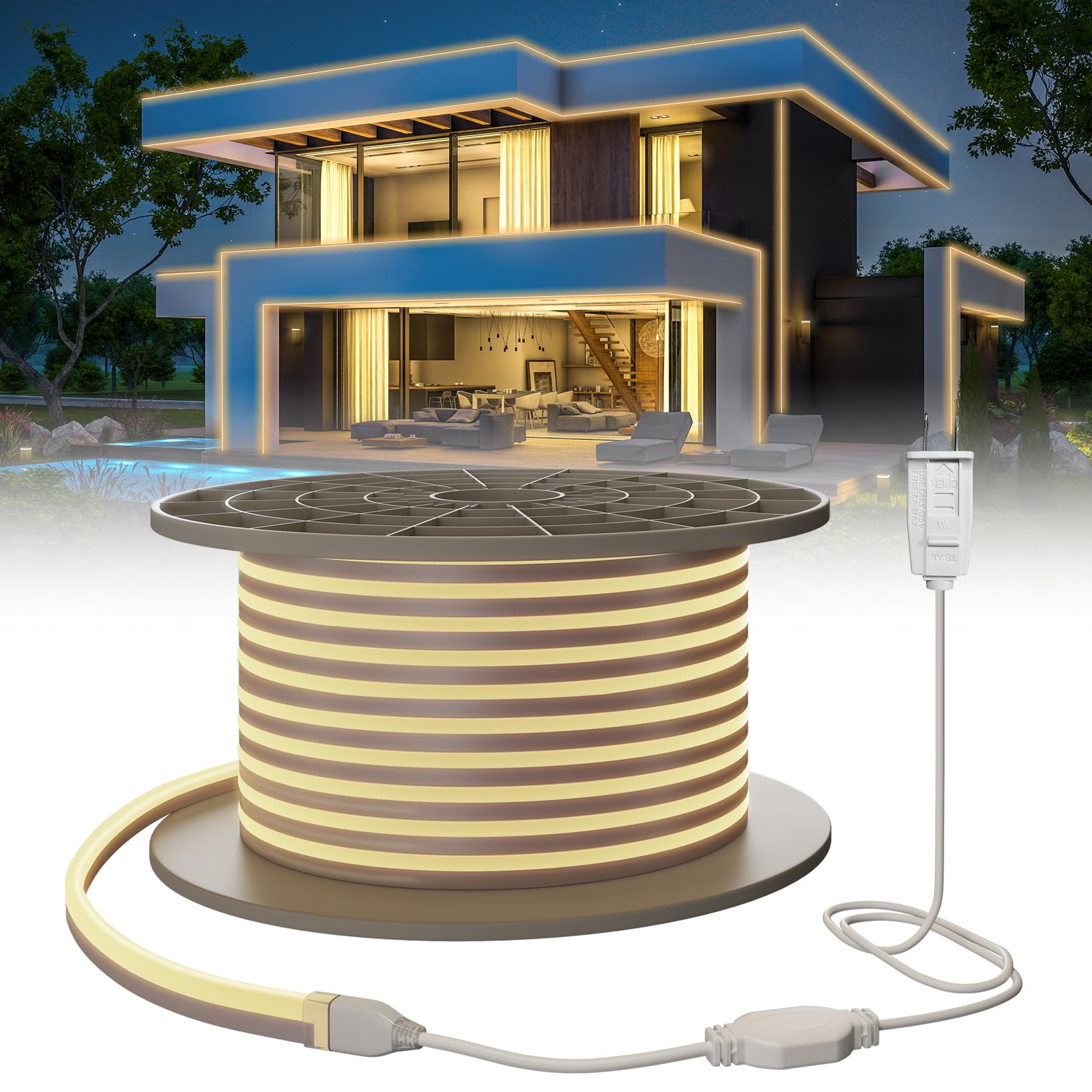 SUCIKORIO Neon Led Strip Lights 50ft / 15m Warm White 3000K Waterproof IP65 Flexible LED Light Strip AC 110-120V Led Lights for Bedroom, Indoor & Outdoor, Power Adapter Included