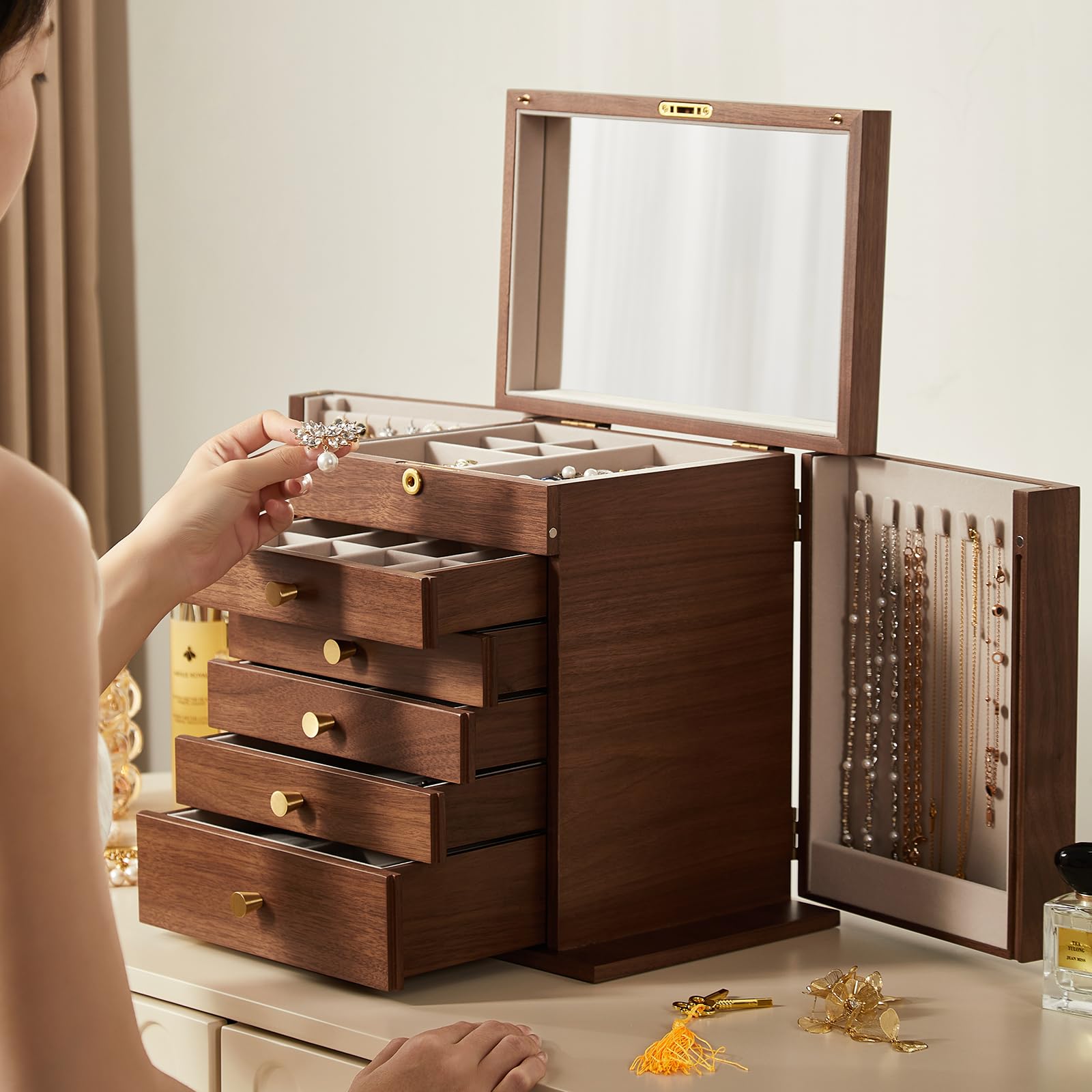 Schmuckkästchen aus Holz, 6-lagiger Schmuckorganizer mit 2 Seitentüren, Spiegel und abschließbarem Schloss im klassischen Stil – Geschenk für Frauen