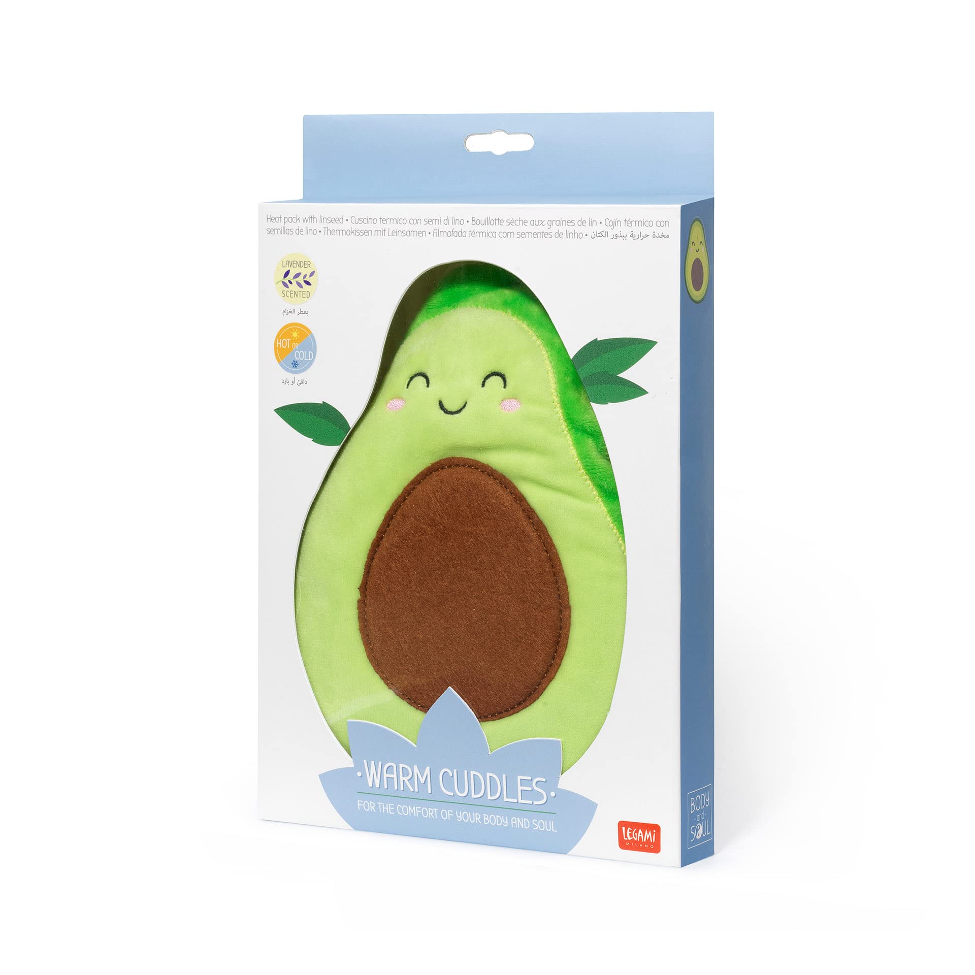 Legami - Cuscino Termico con Semi di Lino, Warm Cuddles, 26x26 cm, in Semi di Lino, Fiori di Lavanda Essiccati, Poliestere e Cotone, Variante Avocado, Dona Relax
