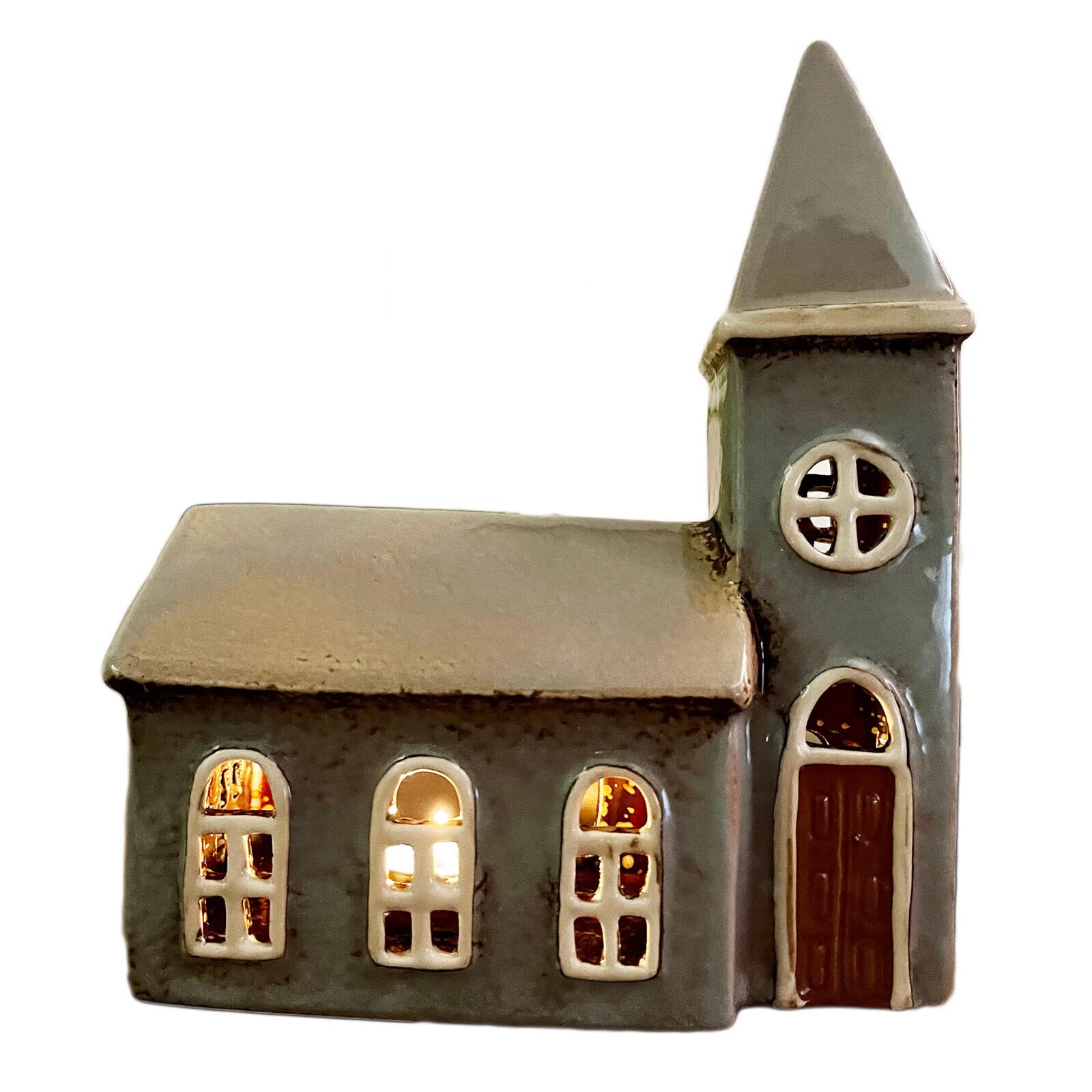Darthome Grey Church House Tea Light Holder Ceramic Distressed Home Candle Lantern Gift 19Cm