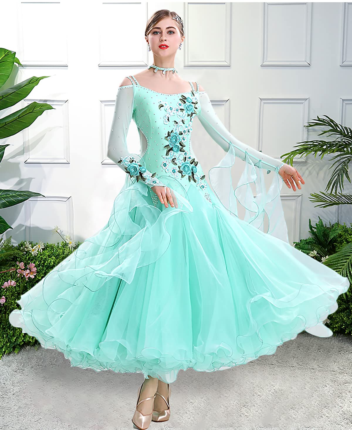 Damskie kostiumy do tańca lirycznego narodowego standard tańca moda seksowna sukienka chusta solidna siatka zwiewna długa tiulowa impreza elegancka sukienka odzież performance (rozmiar L, zielony)