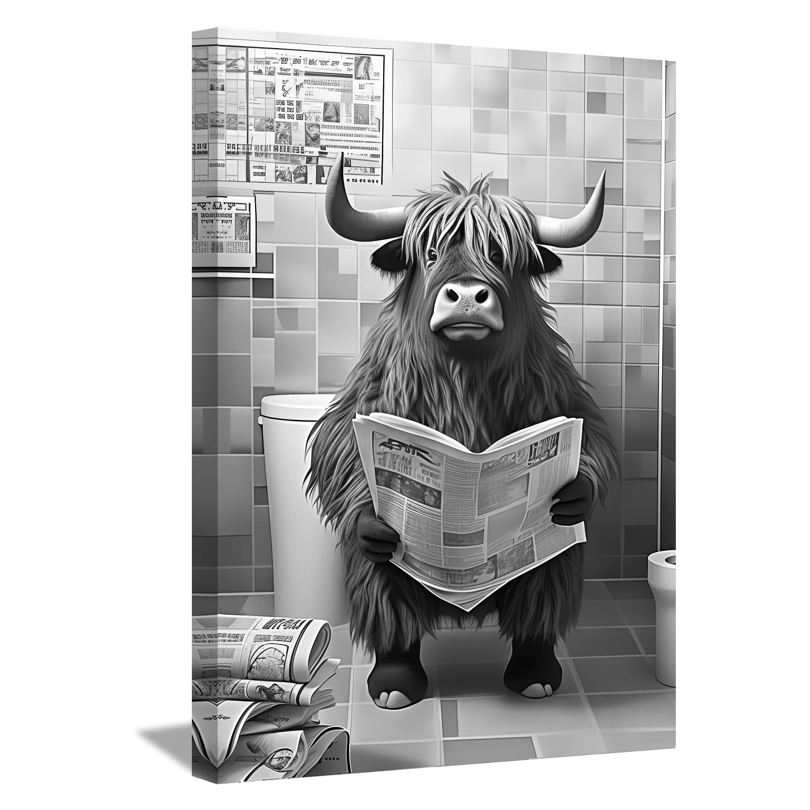 LZIMU Funny Bathroom Wall Decor Highland Cow Sitting on Toilet Reading Newspaper Canvas Prints Black and White Animals Posters Framed (Bathroom-1