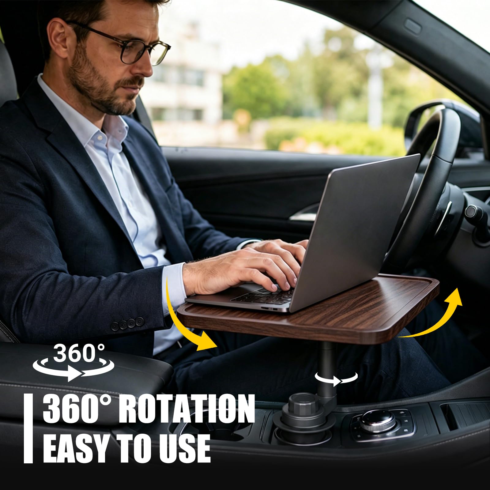 Autotisch für Beifahrer Auto Tray Tablett, 360° drehbar Schreibtisch aus Holz für Autofahrten, Auto Tisch Snacktablett zum Essen,Trinken und Schreiben, Laptop, Arbeit