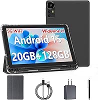 Bnegynng Android 15 10 Inch Tablet: 20GB RAM 128GB ROM +2TB Expand, WiFi 6, Widevine L1, 6000mAh Battery, Case & Stylus - Black
