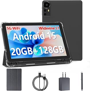 Bnegynng Android 15 10 Inch Tablet: 20GB RAM 128GB ROM +2TB Expand, WiFi 6, Widevine L1, 6000mAh Battery, Case & Stylus - Black