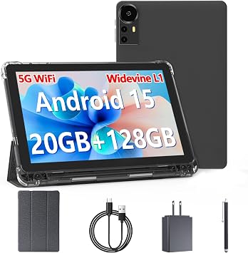 Android 15 Tablet 10 inch Tablets, 20GB RAM 128GB ROM 2TB Expand, 2.0Ghz CPU Quad-Core Processor Tablet PC with Case and Stylus, 5G WiFi6, BT5.0, 6000mAh Battery, Dual Camera, Widevine L1, GMS, Black