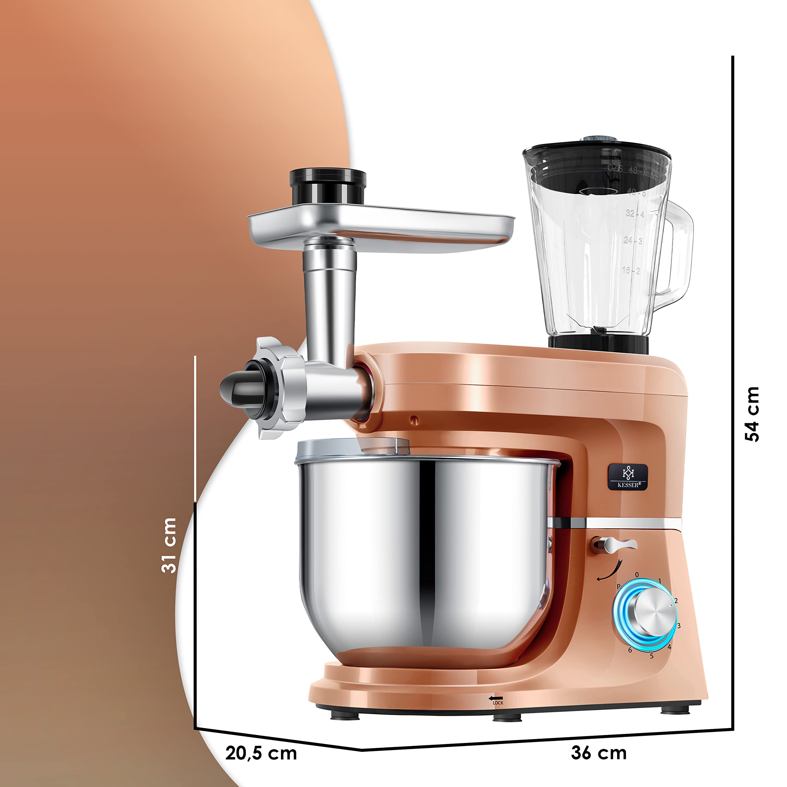 KESSER® Robot ménager universel 3 en 1 K-KM 3 000 avec hachoir à viande, pétrin | Mélangeur multifonction | Extracteur de jus de 1,5 L, Kit pour saucisses, moules pour pâtes et biscuits, le cuivre