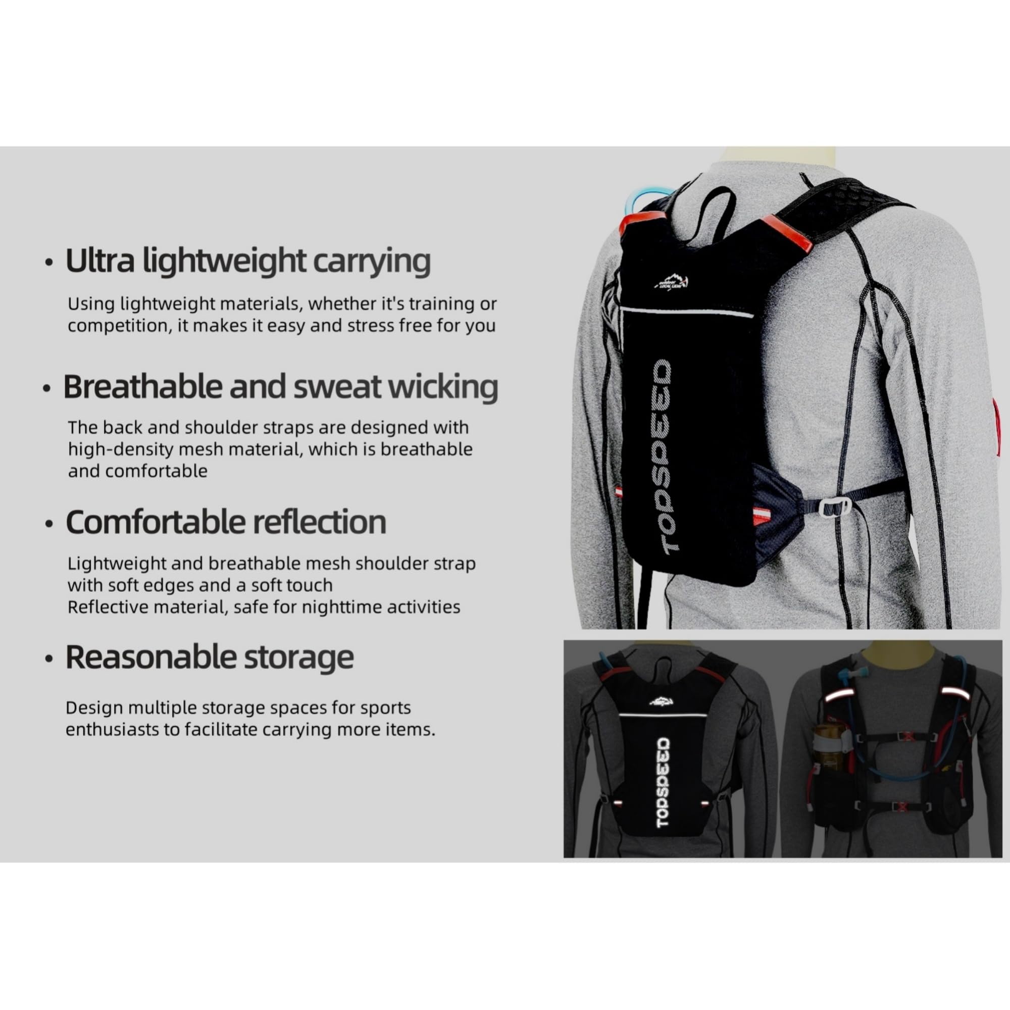 Zaino Idratazione ,Zaino Super Leggero,Zainetto Leggero per Corsa Ciclismo Maratona Trekking Trail Nero.(Solo Zaino)