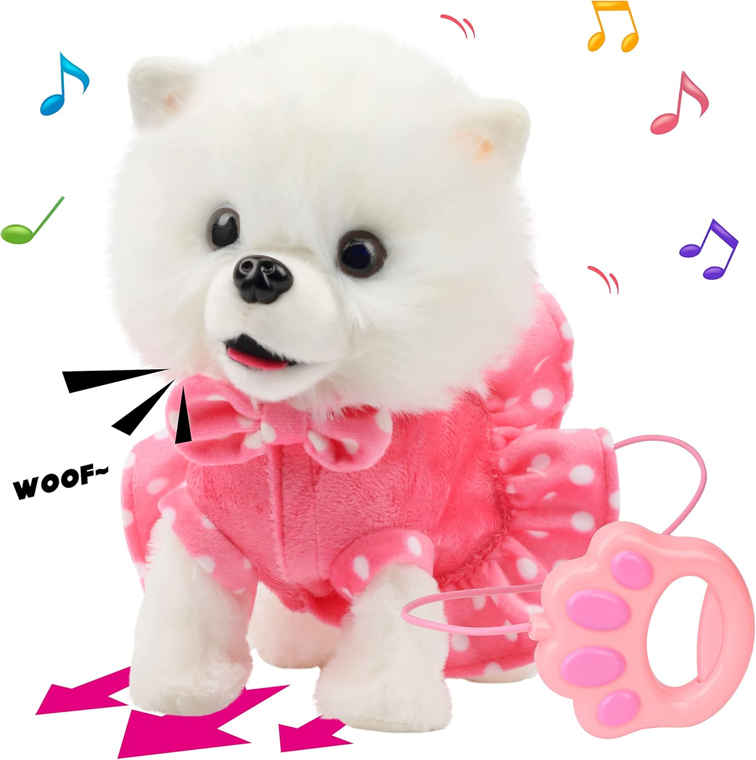 Hopearl Walking Pomeranian Interactive Electronic Pet Dog Toy Remote Control Leash Animated Puppy Nodding Barking Wagging Tail Gifts for Toddlers Birthday, White, 10''