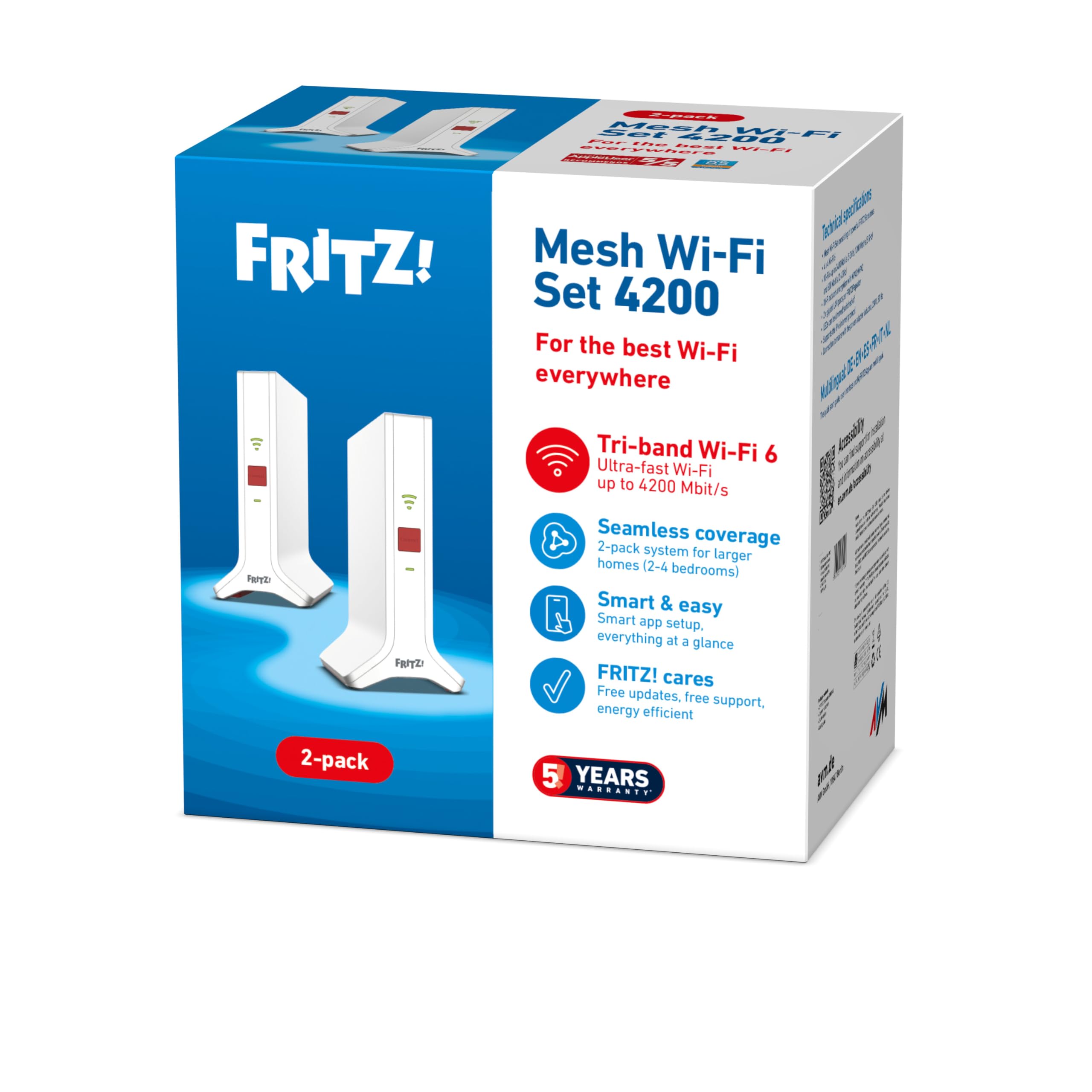 FRITZ! Mesh Wi-Fi Set 4200, Confezione da 2 FRITZ! Repeater 3000AX, Soluzione Mesh fino a 4 stanze, WiFi 6 Triband fino a 4.200 Mbps, 2 LAN Gigabit, interfaccia in Italiano
