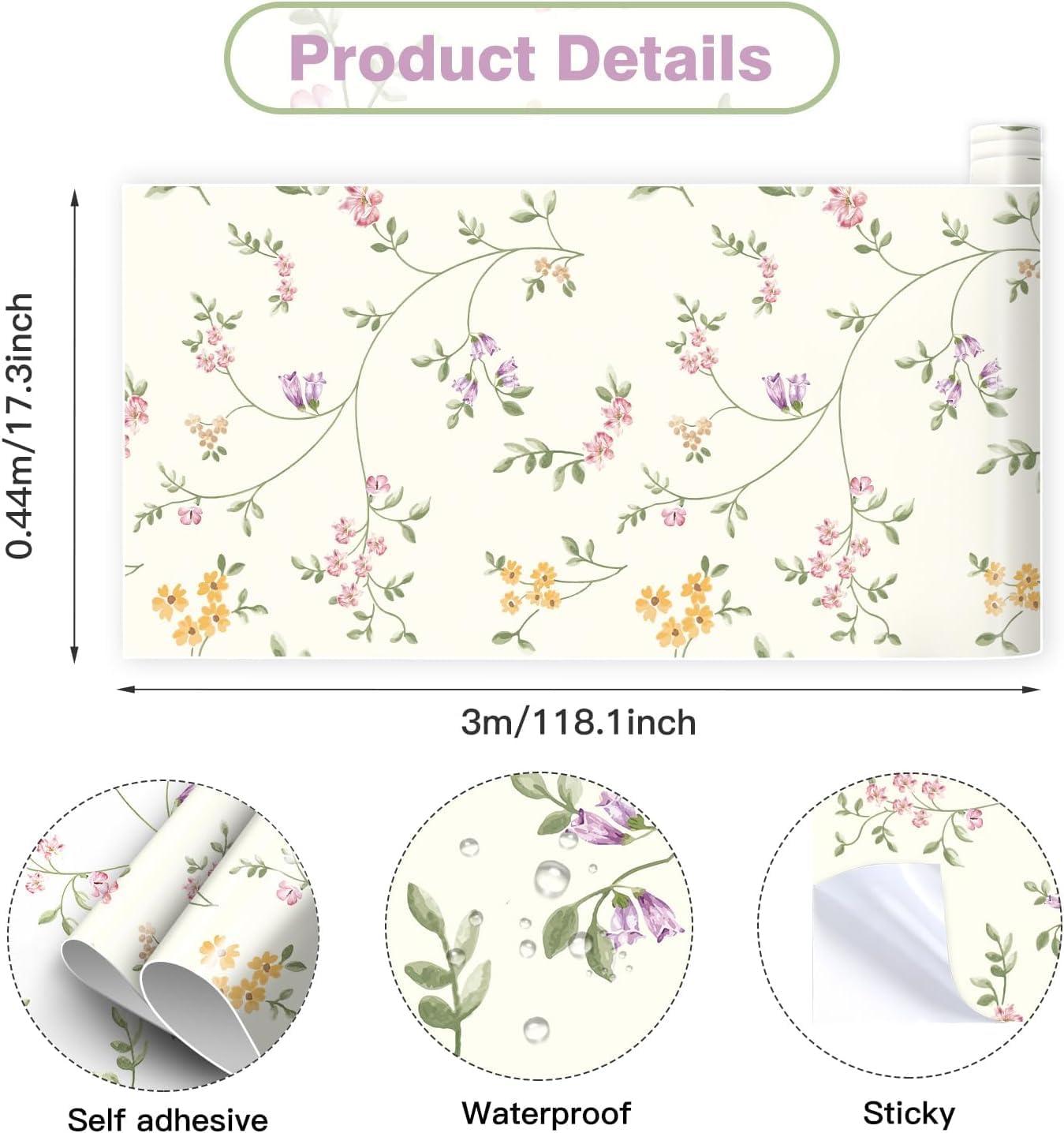 HLNIUC Multicolor Flower Wallpaper - Self Adhesive Floral Wallpaper for Girl Bedroom & Living Room (44 x 300 cm) - Wildfloral Waterproof Green Leaf Wall Paper image 2