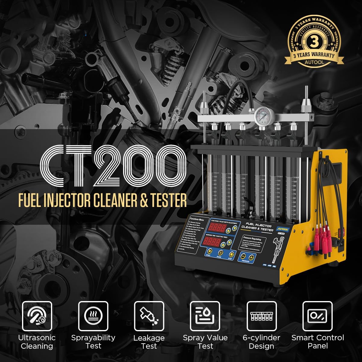 Fuel Injector Cleaner Tester, 6 Cylinder Injector Cleaner Machine with 6 Types Adapter, 3 Cleaning & 9 Testing Functions for Standard Fuel lnjector, GDl, EFl, FSI, CT200