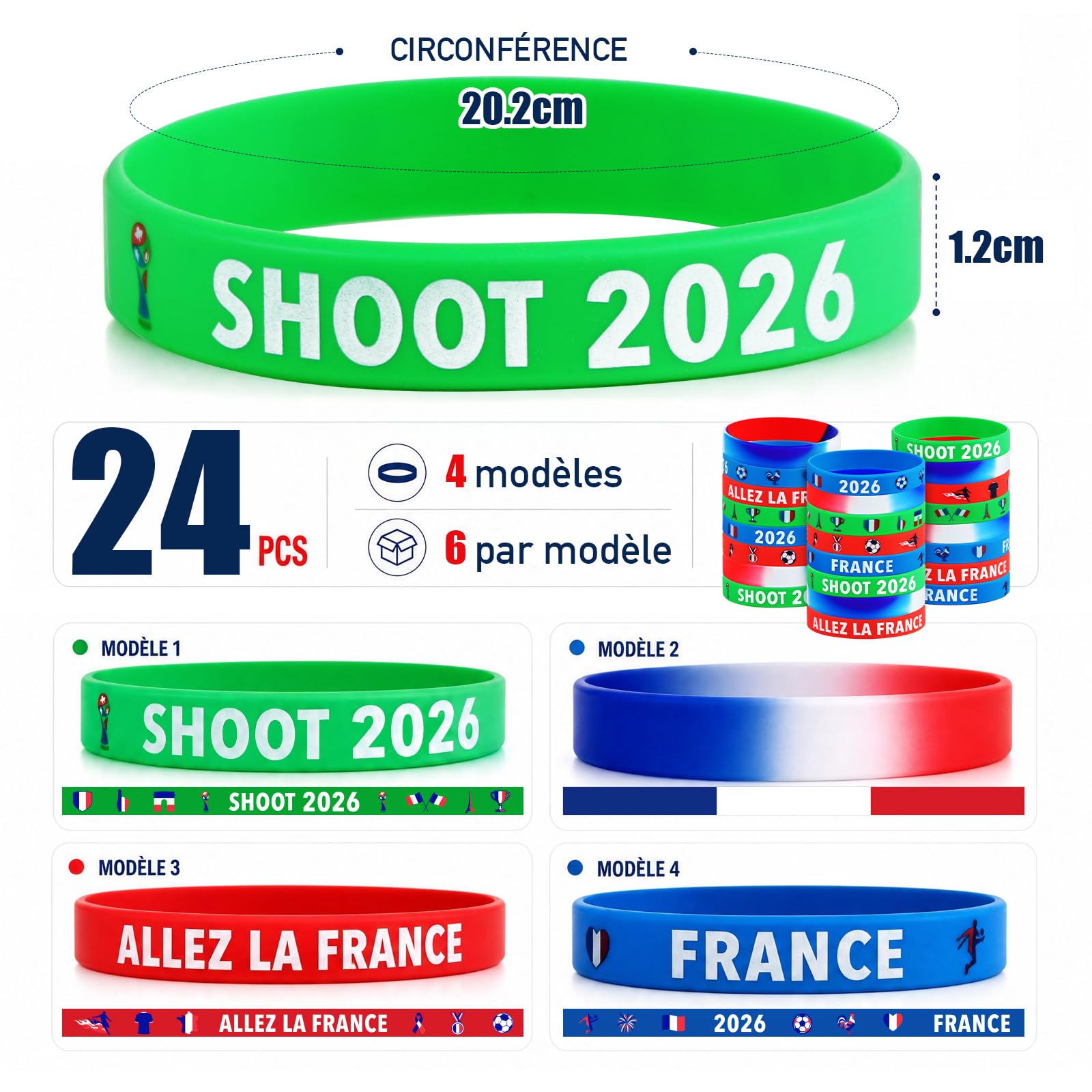 24pcs Bracelet Football Silicone Coupe du Monde 2026 Wristbands Motif Drapeau France pour Fans Supporter France