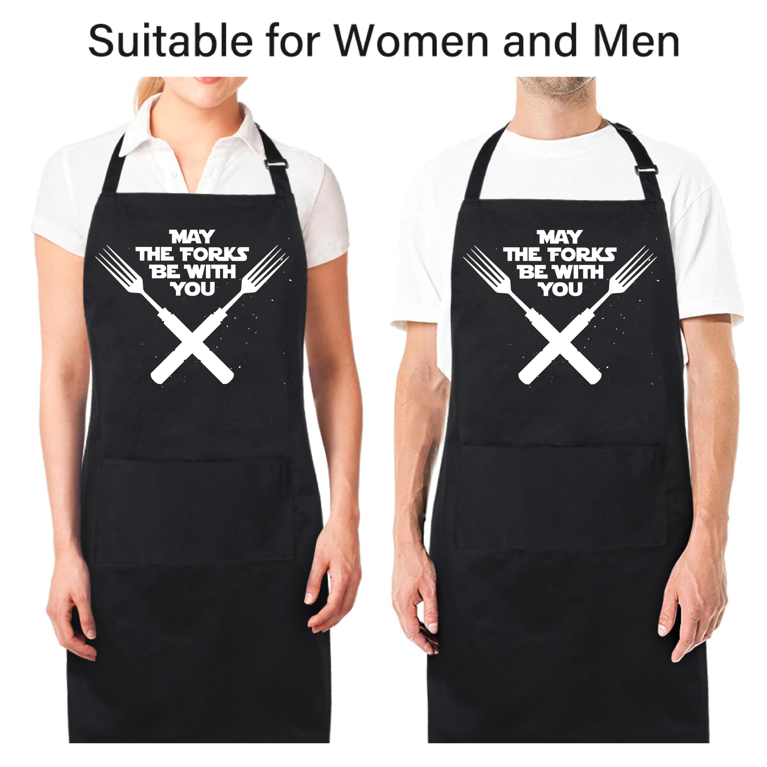 Xornis 100% Cotton Funny Apron for Men Women Adjustable Bib Aprons with 2 Pockets Grill Kitchen Cooking BBQ One Size Fits All: May the Forks Be With You