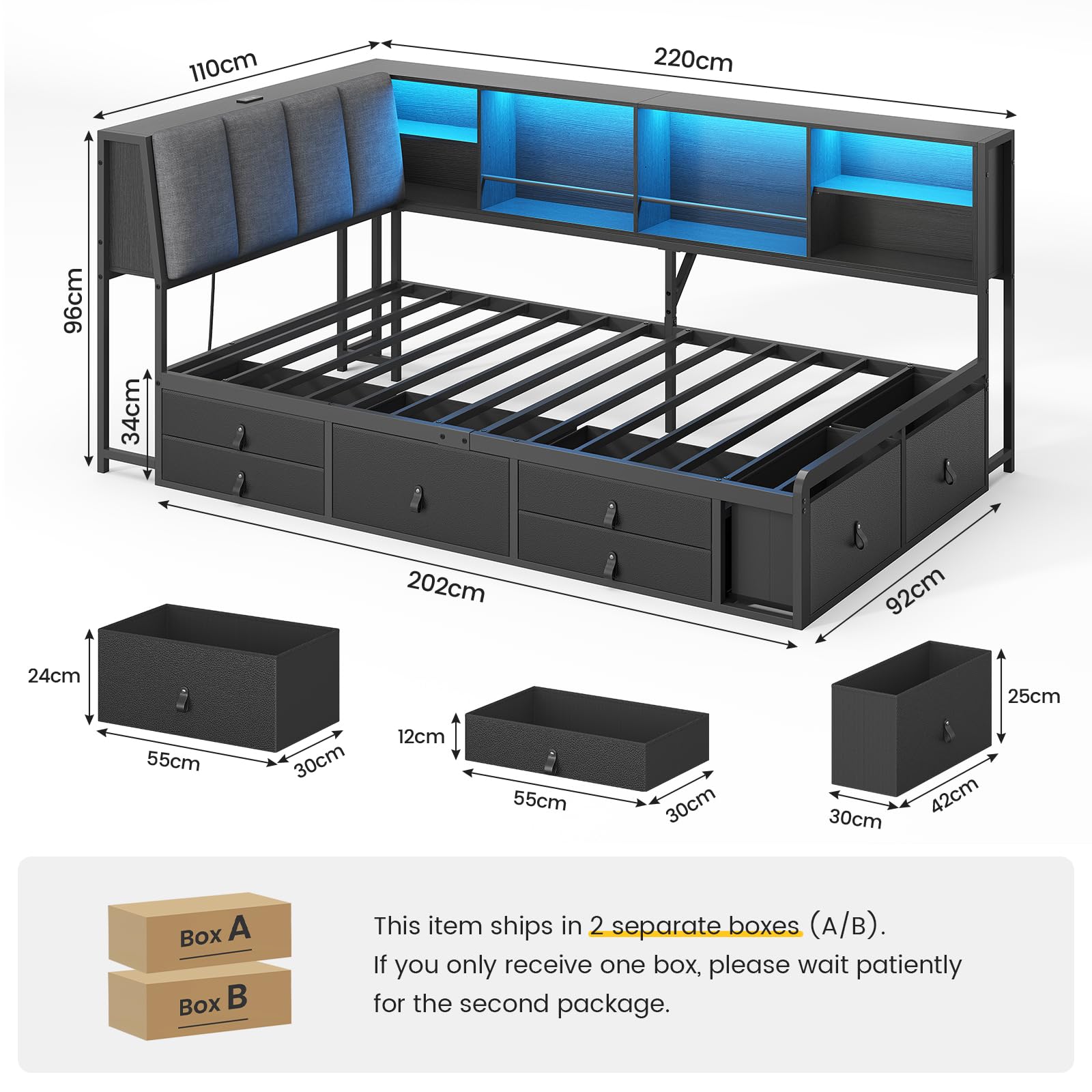 KIMENICH Sofá Cama 90x200 con Luces LED y Enchufe de Carga, Cama Individual con 7 Cajones y Espacio de Almacenamiento, Respaldo Ergonómico de 105°, Estructura de Cama de Metal, Negro