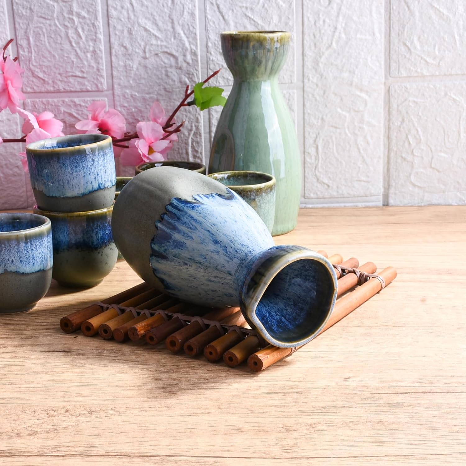 Japanese Sake Set of 5, Large Ceramic Wine Pot with 4 Cups Blue Glaze