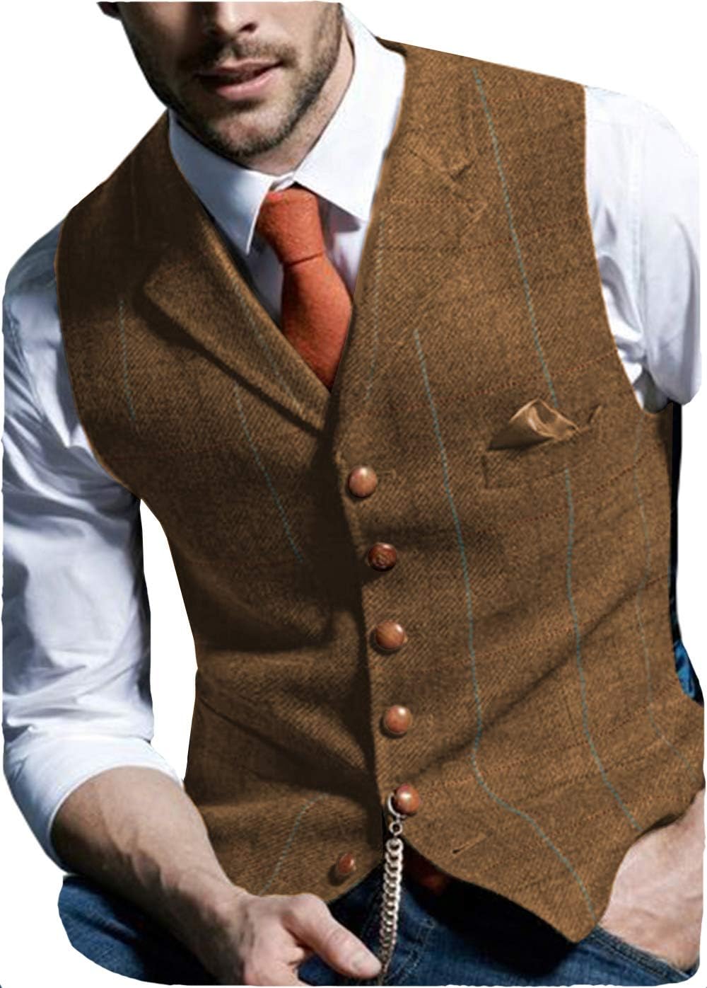 Casual Men's Vest for Wedding Plaid Soft Wool Tweed Waistcoat for Groosmen Best Man