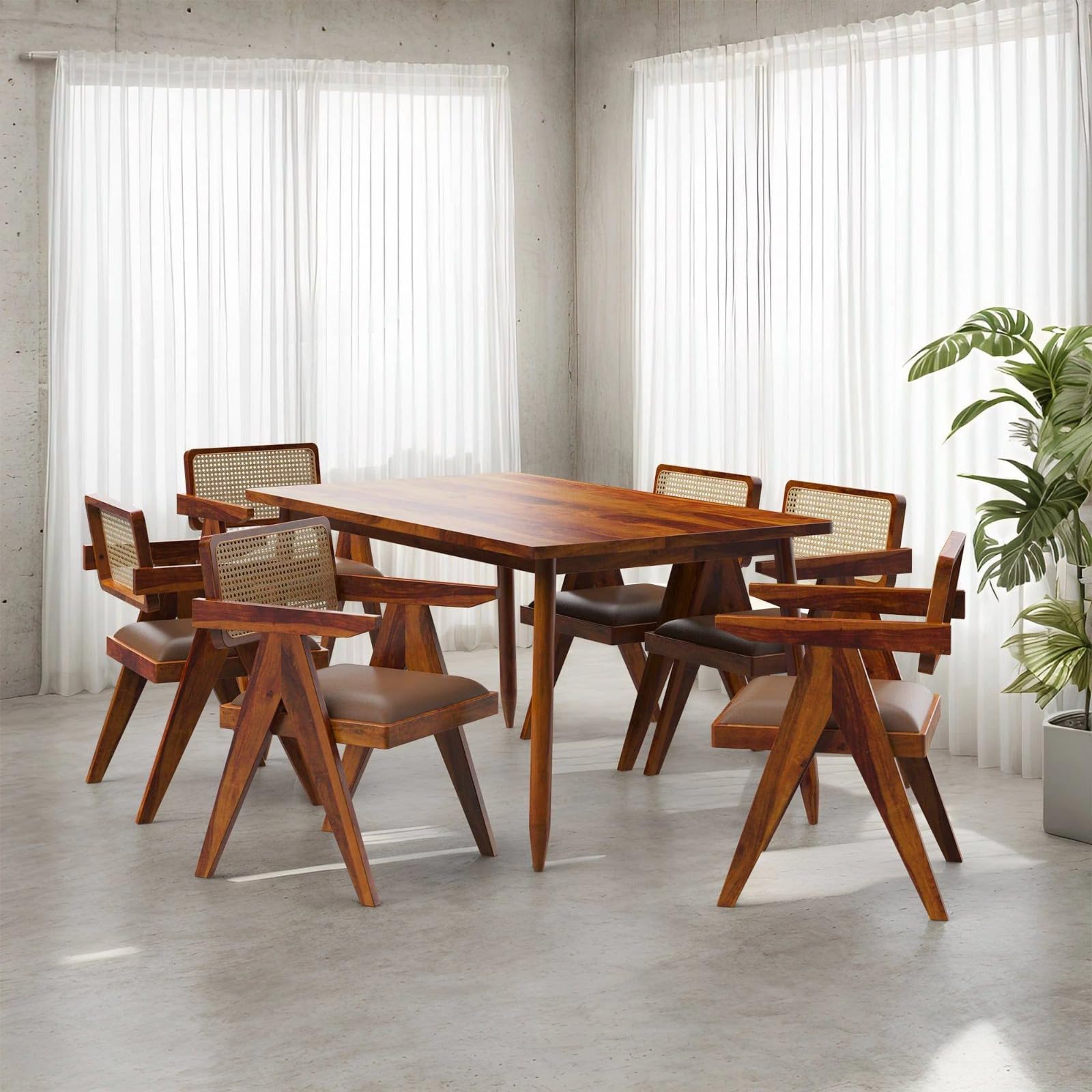 Wooden Dining Table Set with 6 Chairs, Natural Oak, Rectangular, Modern Style, Cane Back Chairs with Cushions (Table (150 cm x 90 cm)