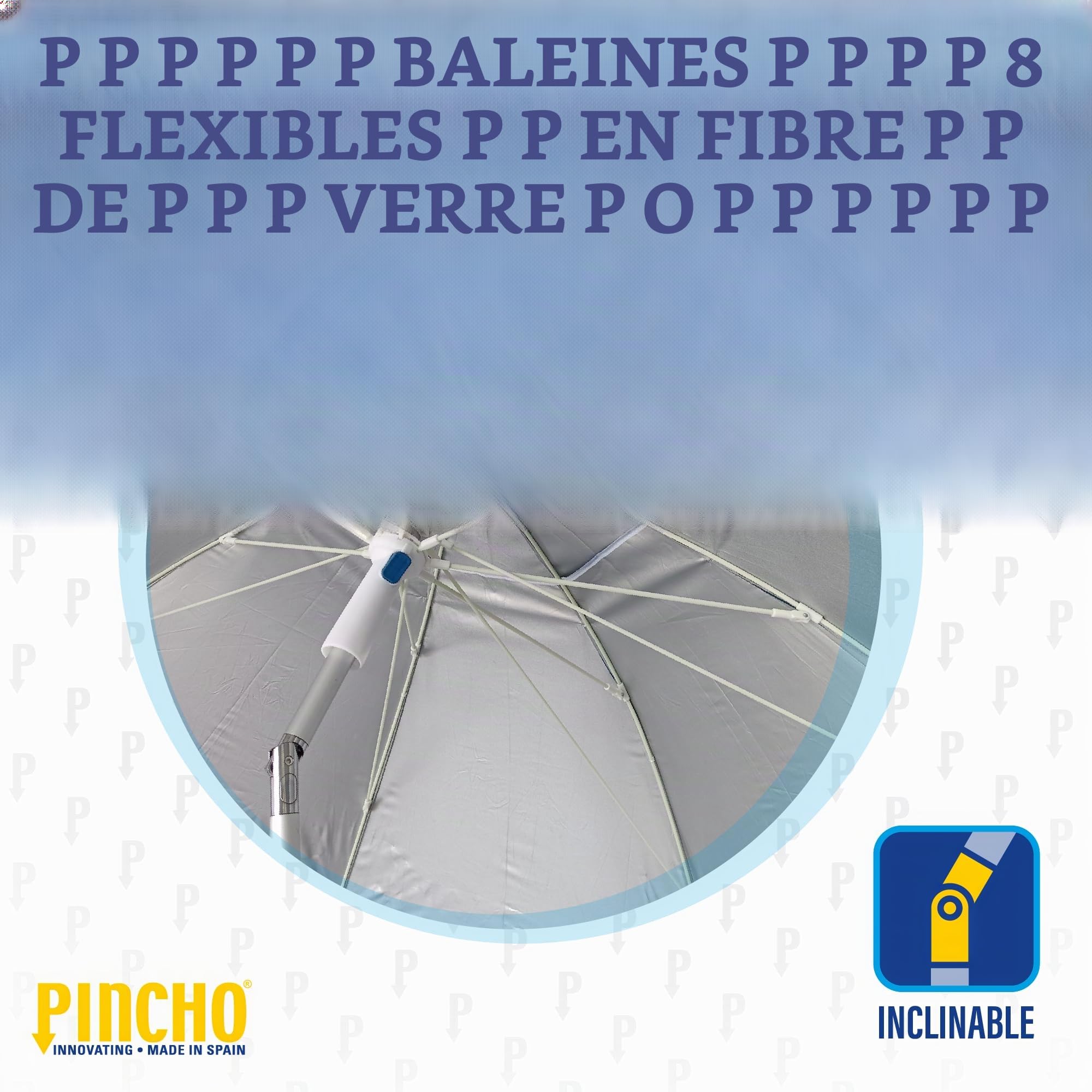 Pincho Grand parasol de plage 200 cm, anti-vent jusqu'à 35 km/h, aluminium, 8 + 8 baleines en fibre de verre, poids 1,6 kg