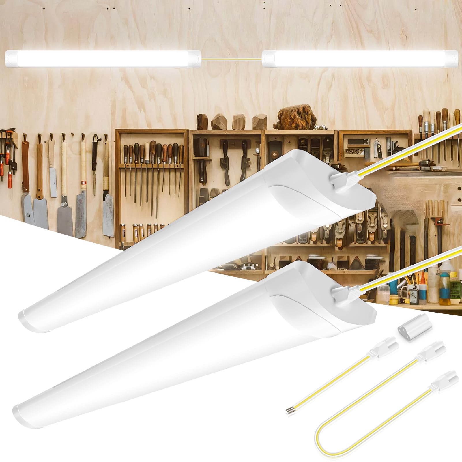 papasbox Linkable LED Batten Light,6500K Daylight LED Fluorescent Strip Fitting for Garage,Workshop,Office,Wall,Kitchen,Shed,IP65 Waterproof Plug in Ceiling Light Strip,4FT,115cm,40W-2pcs