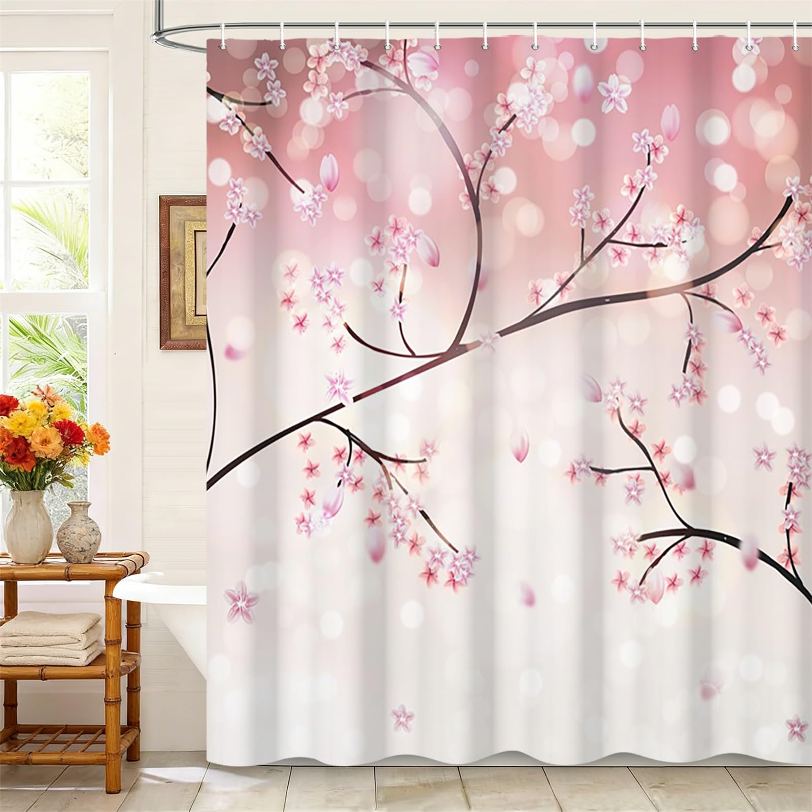 Kzzfqxb 90x183cm Floral Shower Curtains with Plastic Hooks, Romantic Light Pink Cherry Blossoms on Branches Waterproof Occluded for Bathtub, Elegant Beautiful Polyester Fabric for Girls Bathroom