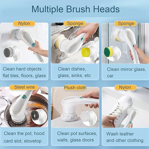 Miniatura 3 de AWESQCQ Cepillo eléctrico de limpieza eléctrico, recargable de mano, inalámbrico, con 5 cabezales reemplazables, cepillo de limpieza eléctrica para