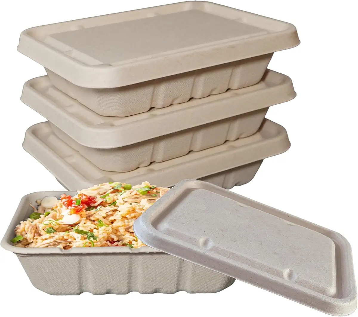 EcoQuality 40oz Disposable Bowls with Fiber Lids - Rectangular Compostable Sugarcane Fiber Biodegradable Paper Bowls Eco-Friendly Take Out Food Storage Containers, Microwave Safe, Meal Prep (25 PACK)