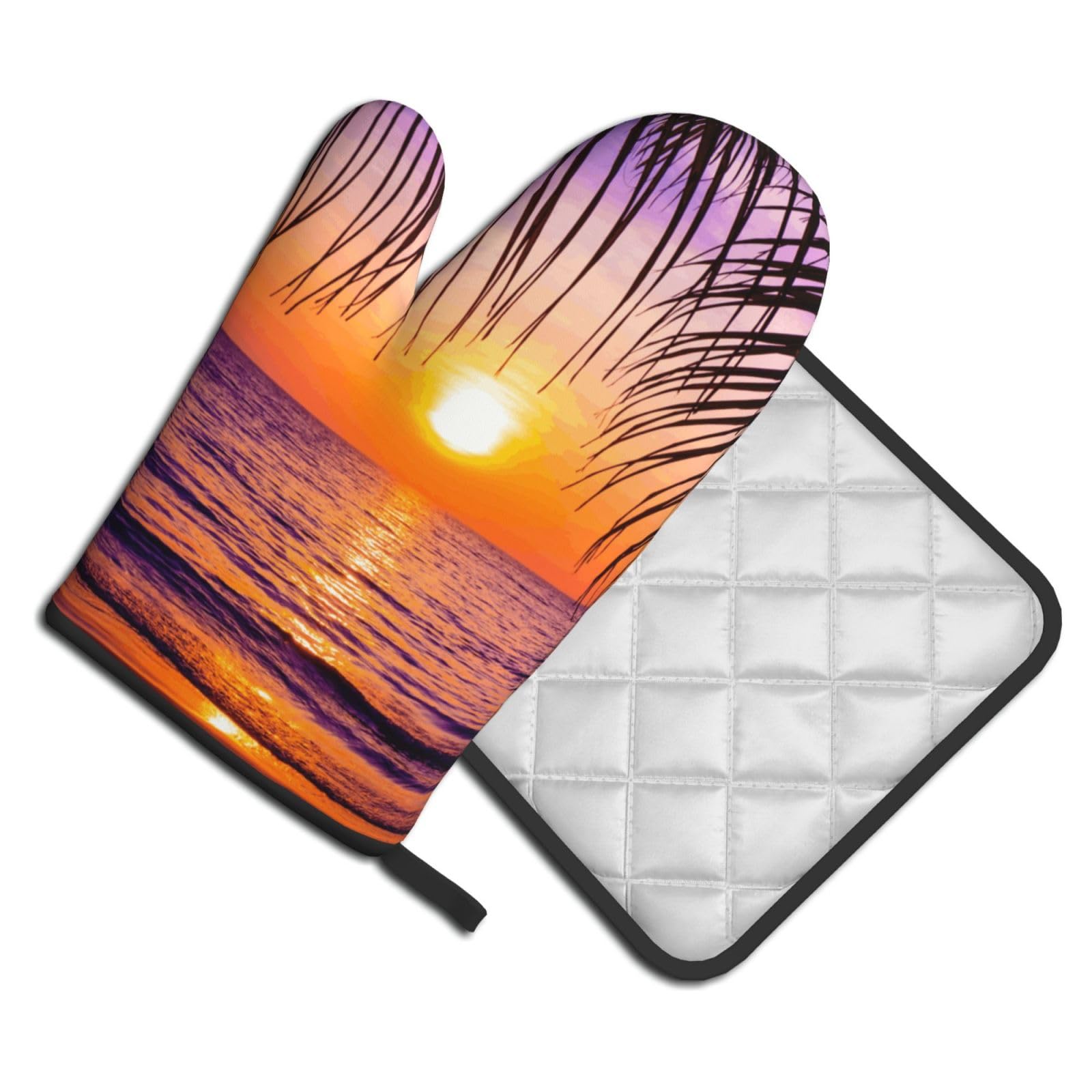 Oven Mitts and Pot Holders Set of 2 Pcs, Sunset with Tropical Palm Trees Twilight Scenery Printed Heat Resistant Kitchen Gloves Potholders for Cooking Baking Grilling