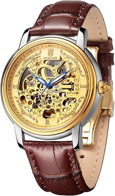 ROCOSJEWE Mens Automatic Mechanical Watch Gold Skeletonized Retro Luxury Timepiece Brown Strap with Butterfly Clasp Luminous & Water-Resistant Gift