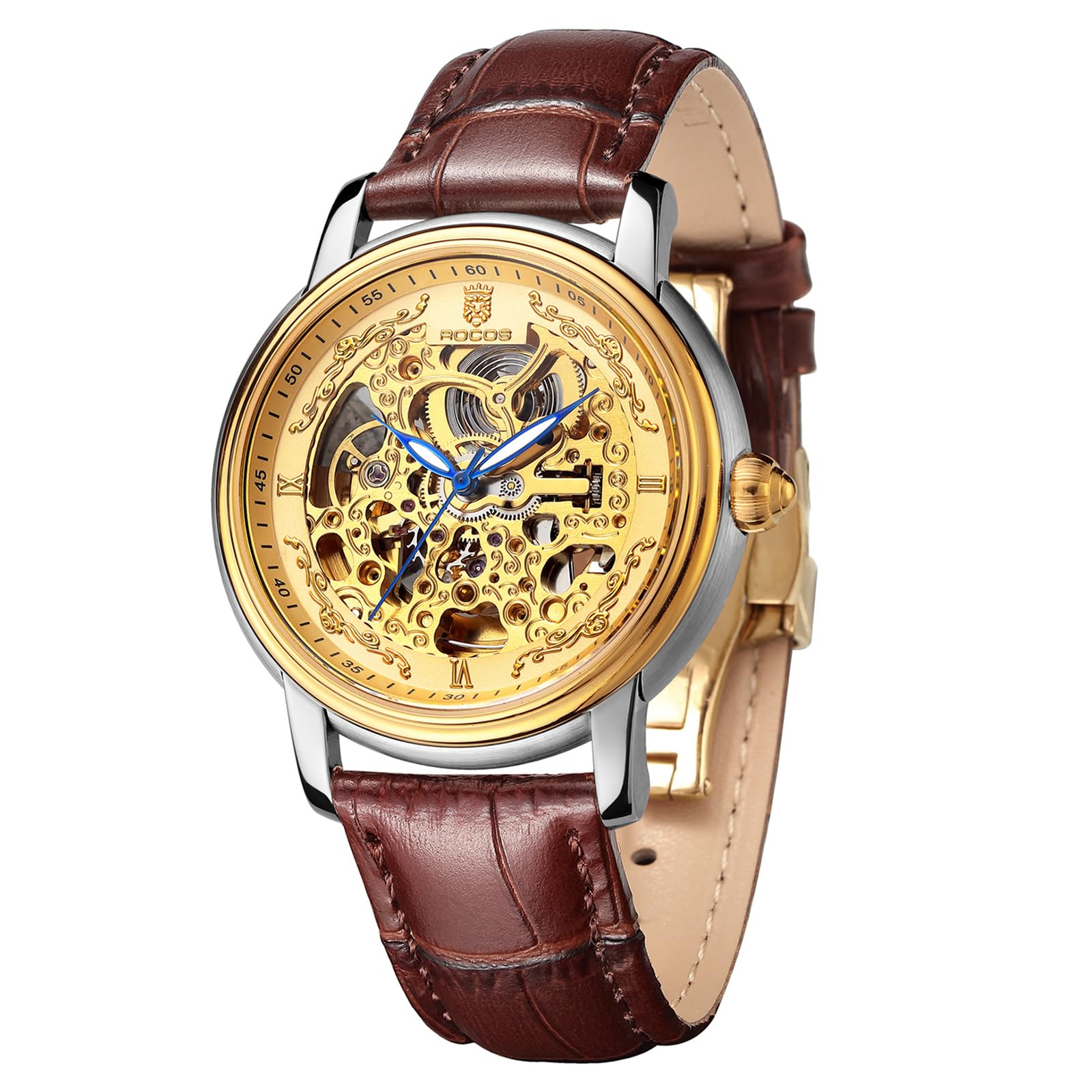 ROCOSJEWE Men's Automatic Mechanical Watch Gold Skeletonized Retro Luxury Timepiece Brown…