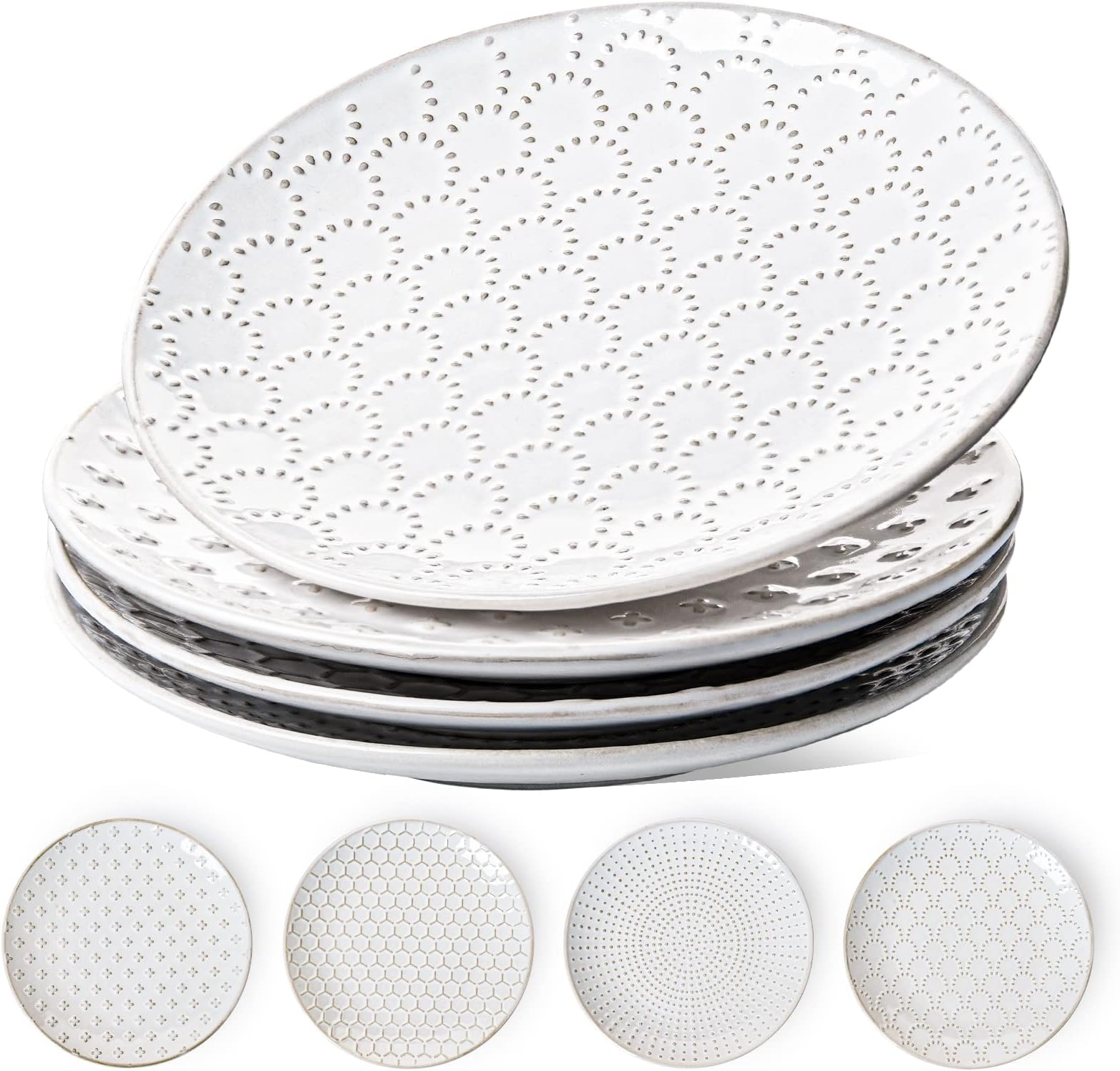 LE TAUCI 8 Inch Ceramic Salad Plates Set of 4, Modern Embossed Appetizer Plates for Kitchen, Small Dessert Plates, Microwave & Dishwasher Safe Dinnerware Sets - Arctic White
