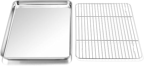 P&P CHEF - Juego de sartén y estante para horno tostador, bandeja para horno tostador con estante para asador, rectangular de 12.5 x 9.7 x 1