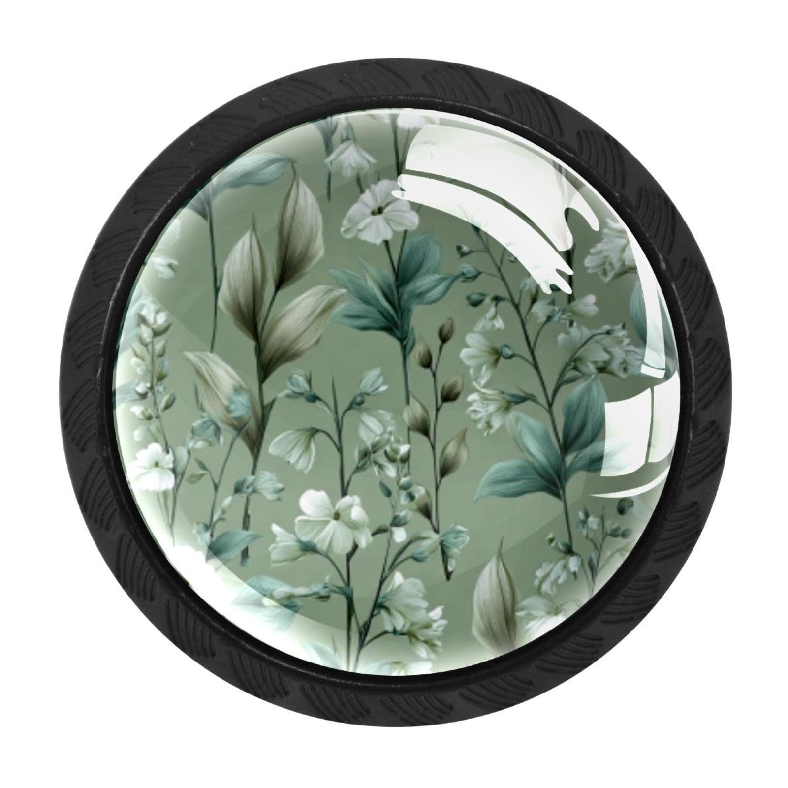 CHENZZZZ 4 Pieces Kitchen Cabinet Knobs Sage Green Flowers with Leaves Pattern Drawer Knobs Dresser Knobs Drawer Pulls Door Knobs Dresser Drawer Handles Knobs for Dresser Drawers