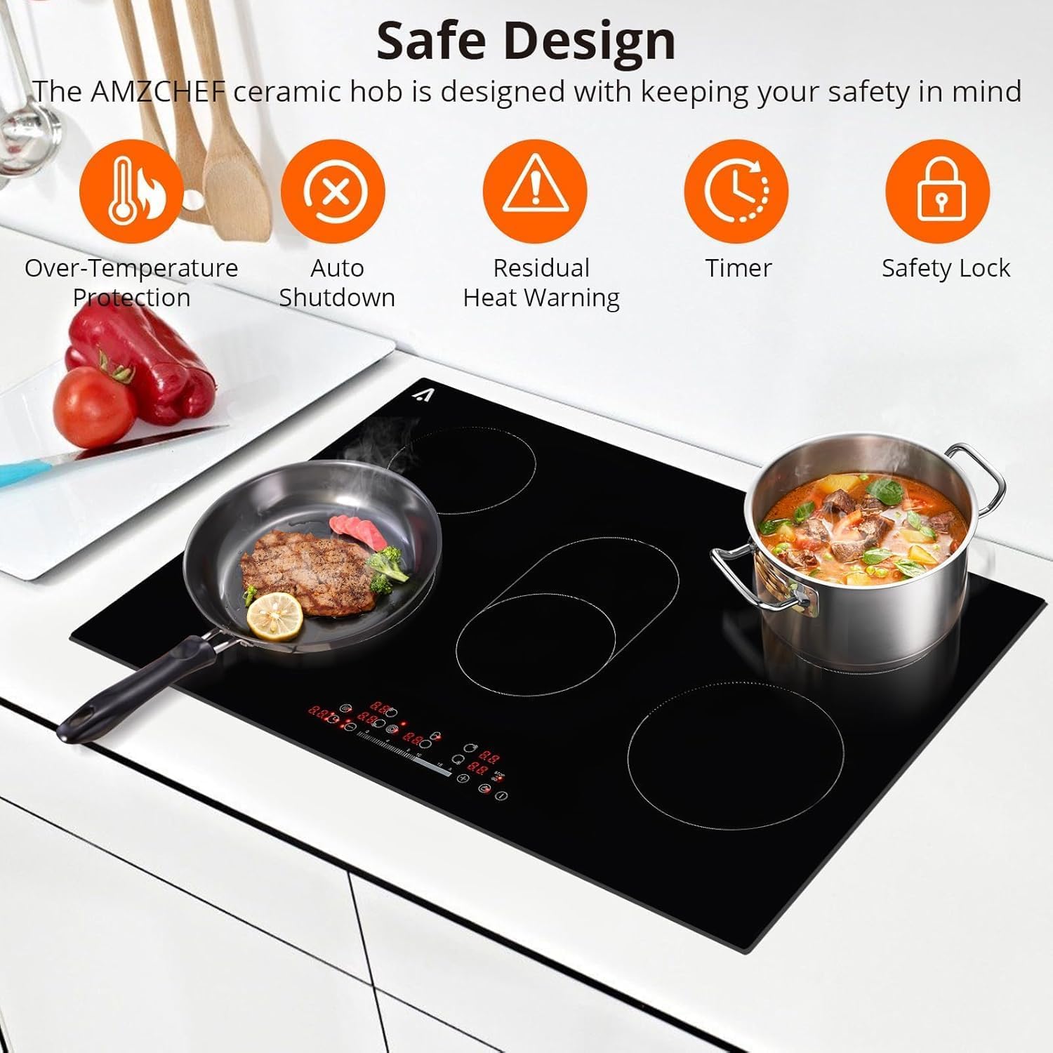 5 Burner Electric Cooktop, 8600W 30" Ceramic Glass Stovetop w/Child Safety Lock & Overheat Protection, 240V Hardwired, Fast Heating for All Cookware