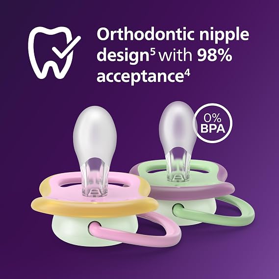 Philips Avent Ultra Air Nighttime Soothers - Orthodontic Design, for Babies 6-18 Months, Glow in The Dark, Soft Silicone Symmetrical Teat, BPA-Free, with Sterilizing Case, 2 Pack, SCF376/29