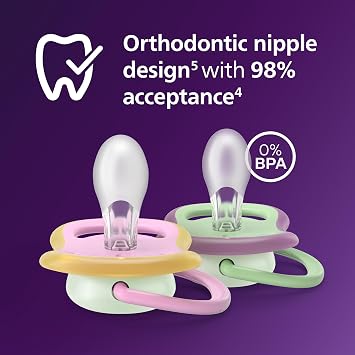 Philips Avent Ultra Air Nighttime Soothers - Orthodontic Design, for Babies 6-18 Months, Glow in The Dark, Soft Silicone Symmetrical Teat, BPA-Free, with Sterilizing Case, 2 Pack, SCF376/29
