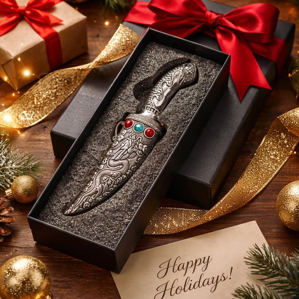Runonshi Fixed Blade Knife Chinese Tibetan Knife Dragon Tanto EDC Knives With Metal Sheath For Collecting and Display Gifts for Men