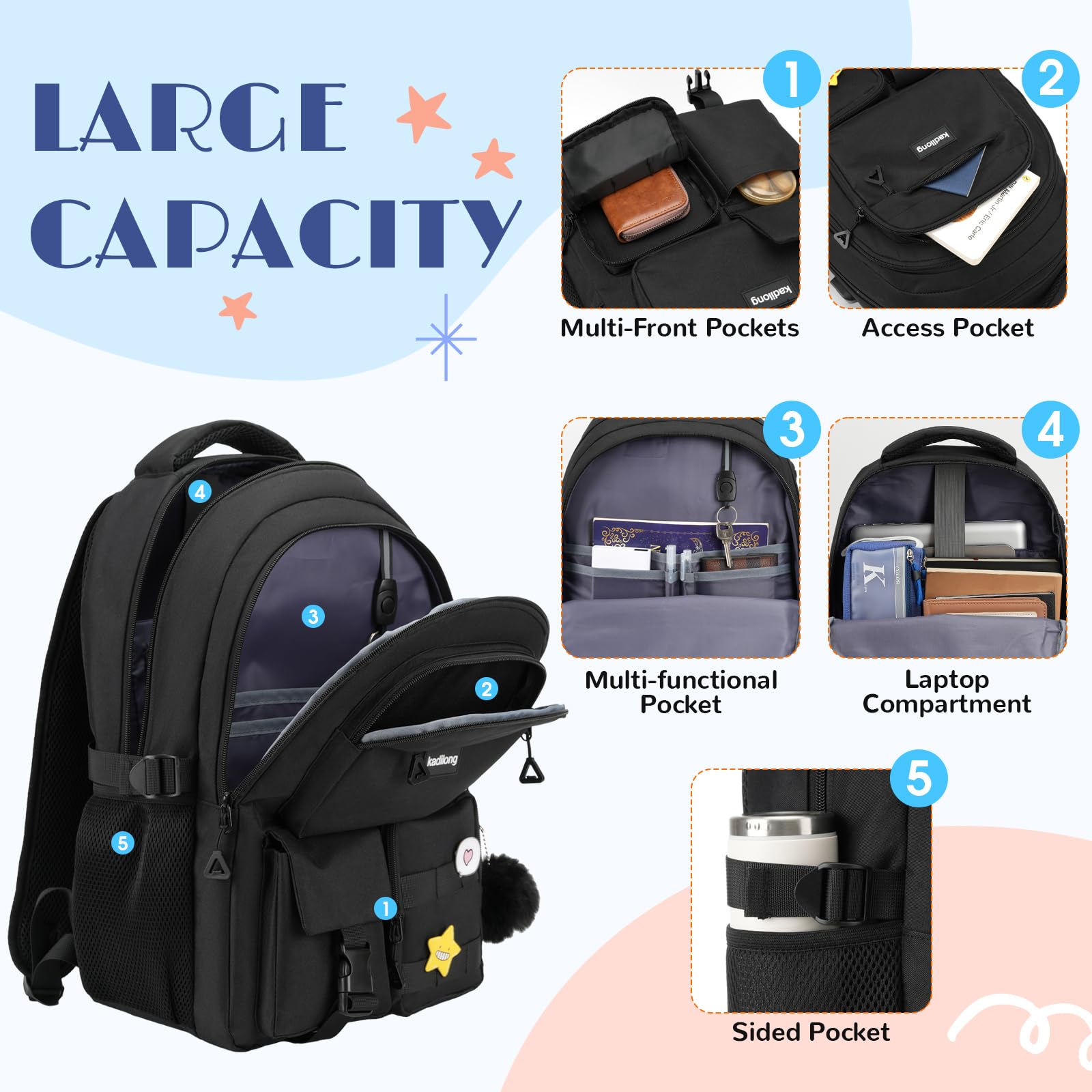 kadilong Zaino per computer portatile da 17,3 pollici, per donne, adolescenti, ragazze, per studenti universitari, medie e superiori, mochila escolares para niñas mujeres (nero)