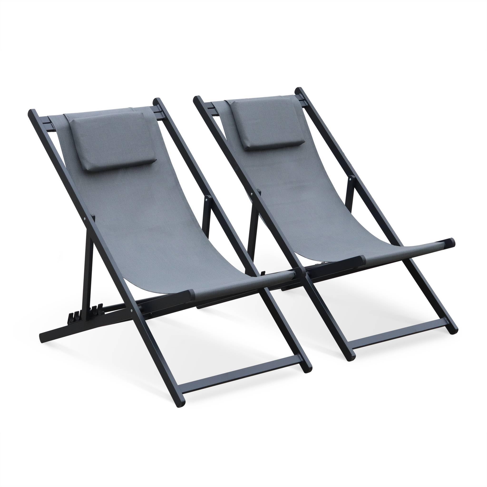 Alice's Garden - Lot de 2 Bains de Soleil - Gaia Gris - Transat en Aluminium Gris Anthracite et textilene Gris avec Coussin Repose tête. chilienne