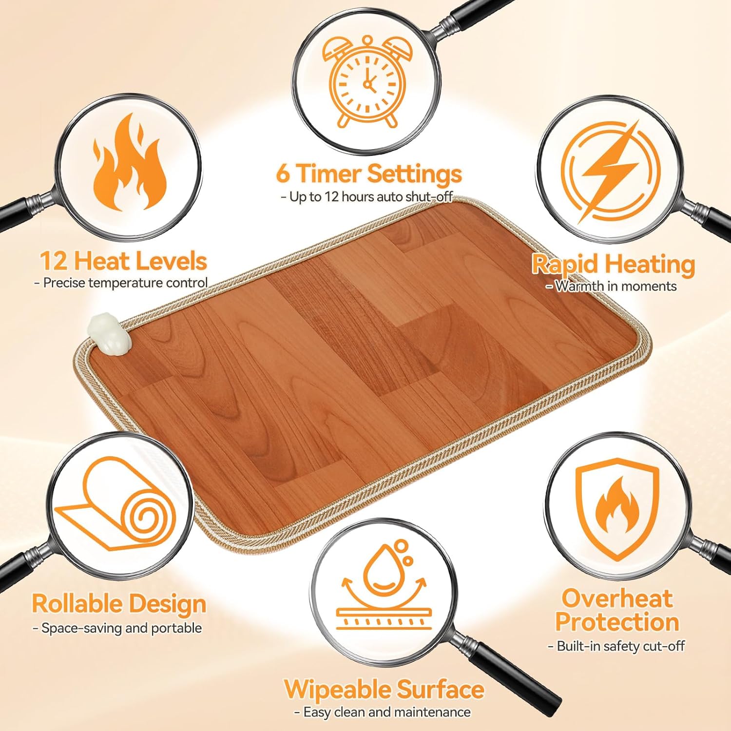 Heated Floor Mat, Foot Warmer Under Desk with 12 Adjustable Temperature & 12H Timer, 20"x12" Electric Heating Pad for Office Home, Safe with Shoes On, Brown Wood Grain, Feet Rest for Desk - Image 4