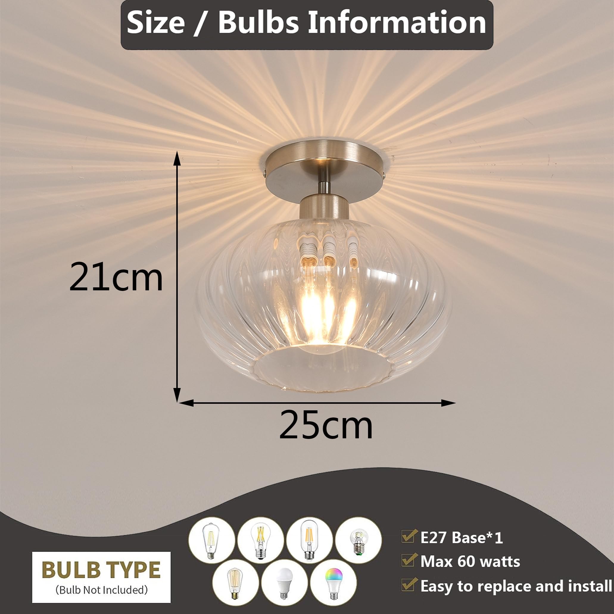 Pageone Plafoniere Corridoio Moderne in Vetro, Lampada da Soffitto a Sospensione con Paralume in Vetro Trasparente, E27 Lampadario a Plafoniera per Corridoio Ingresso Bagno, Senza Lampadina | Lampada da bagno E27 con paralumi in vetro trasparente, lampada