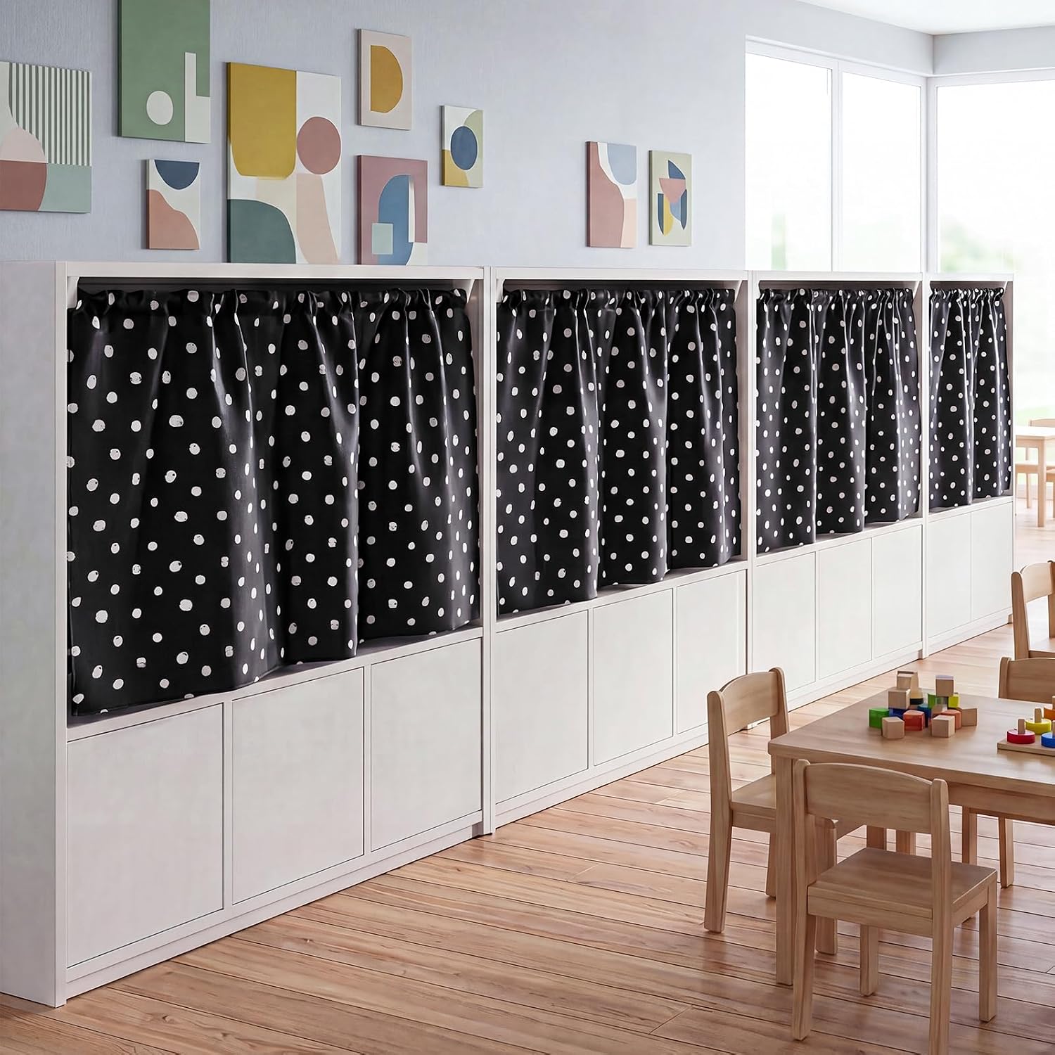 Gilprop 2 Set Classroom Cabinet Curtains for Shelves, 51 x 29.5 Cabinet Curtain with Small Tension Rod for Locker Bookshelf Kindergarten Daycare Primary Playroom Back to School(Polka Dots,White)