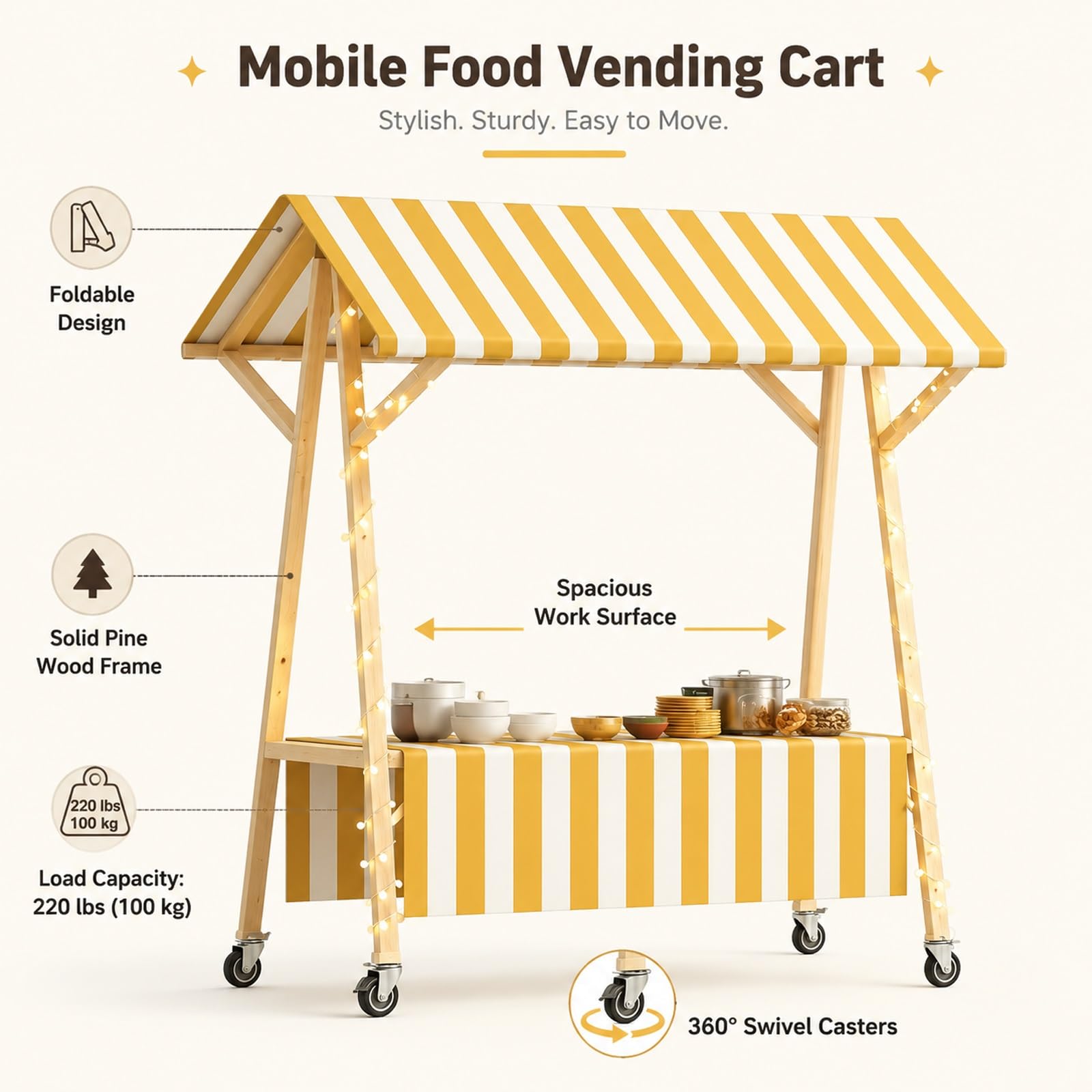 Stand de Mercado Plegable de Madera con Toldo, Carrito de Venta Ambulante para Exteriores, Quiosco de Mercado Portátil y Expositor para Venta Callejera y Eventos(Blue,150cm)