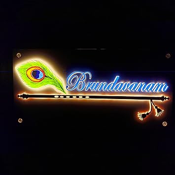 Tripti Products Customized/Personalized Multicolor Acrylic Door Name Plate With Led Lights For Home/Flat Krishna Moorpankh Design (24 x 12 inch)