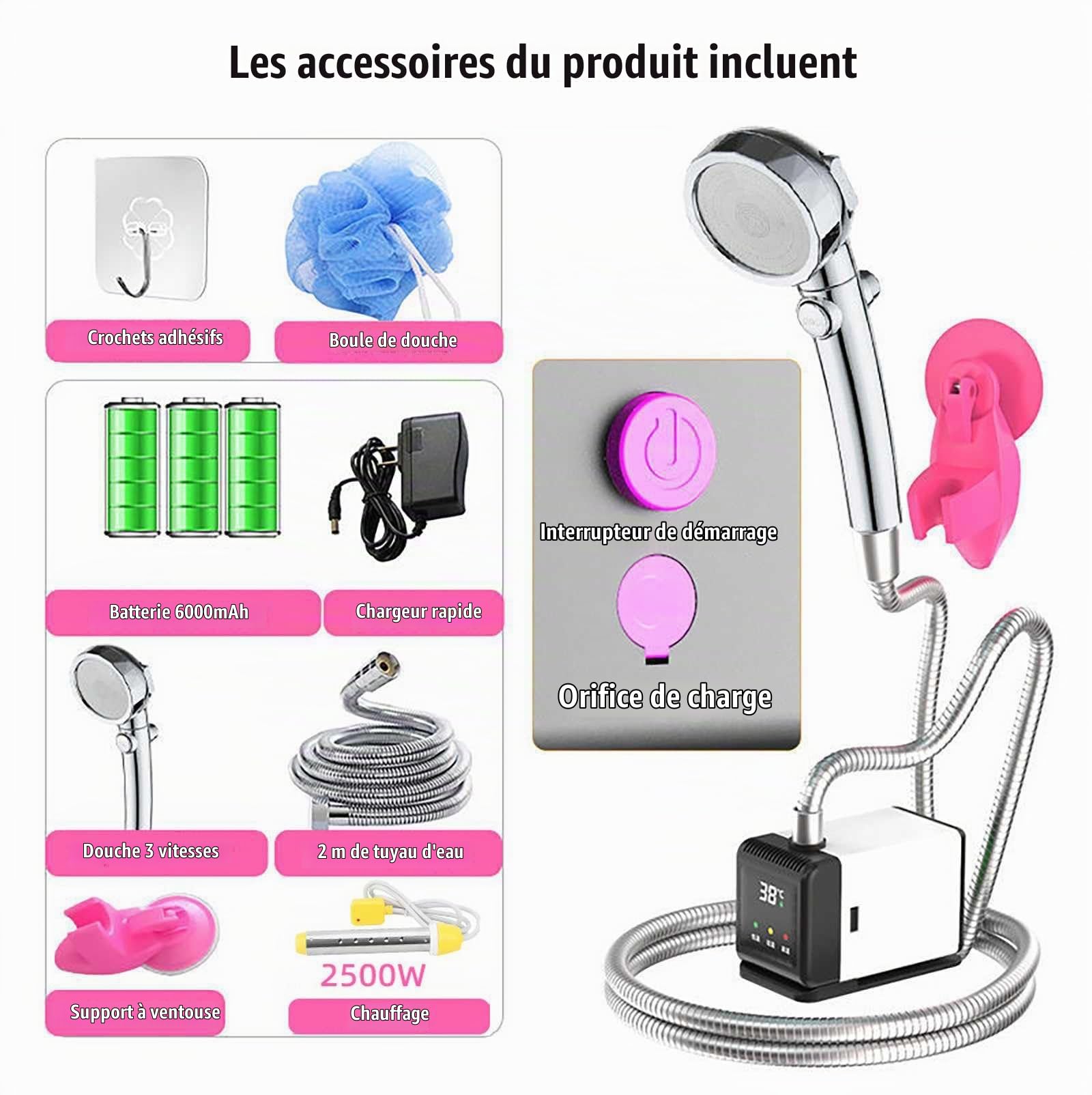 Camping Douche,éLectrique Chauffant Douche Portable Rechargeable USB Peut êTre Baigné 1h Pompe De Douche TempéRature Intelligente, pour La Plage, Le Jardin Le Dehors