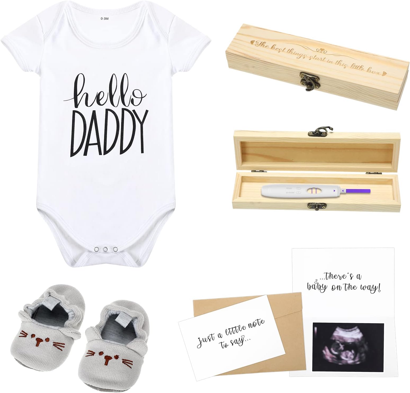 Jiuguva Surprise Pregnancy Announcements for Dad and Husband Pregnancy Test Keepsake Box Wooden Announcement Box Hello Daddy Bodysuit Infant Shoes Reveal Card Envelope Gift Sets for Partner