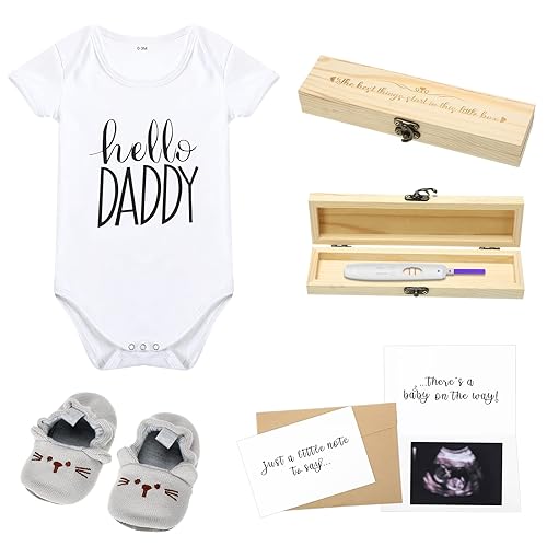 Miniatura 1 de Anuncios sorpresa de embarazo para papá, caja de recuerdo de prueba de embarazo de madera, caja de anuncio de bebé, body de bebé de Hello Daddy para