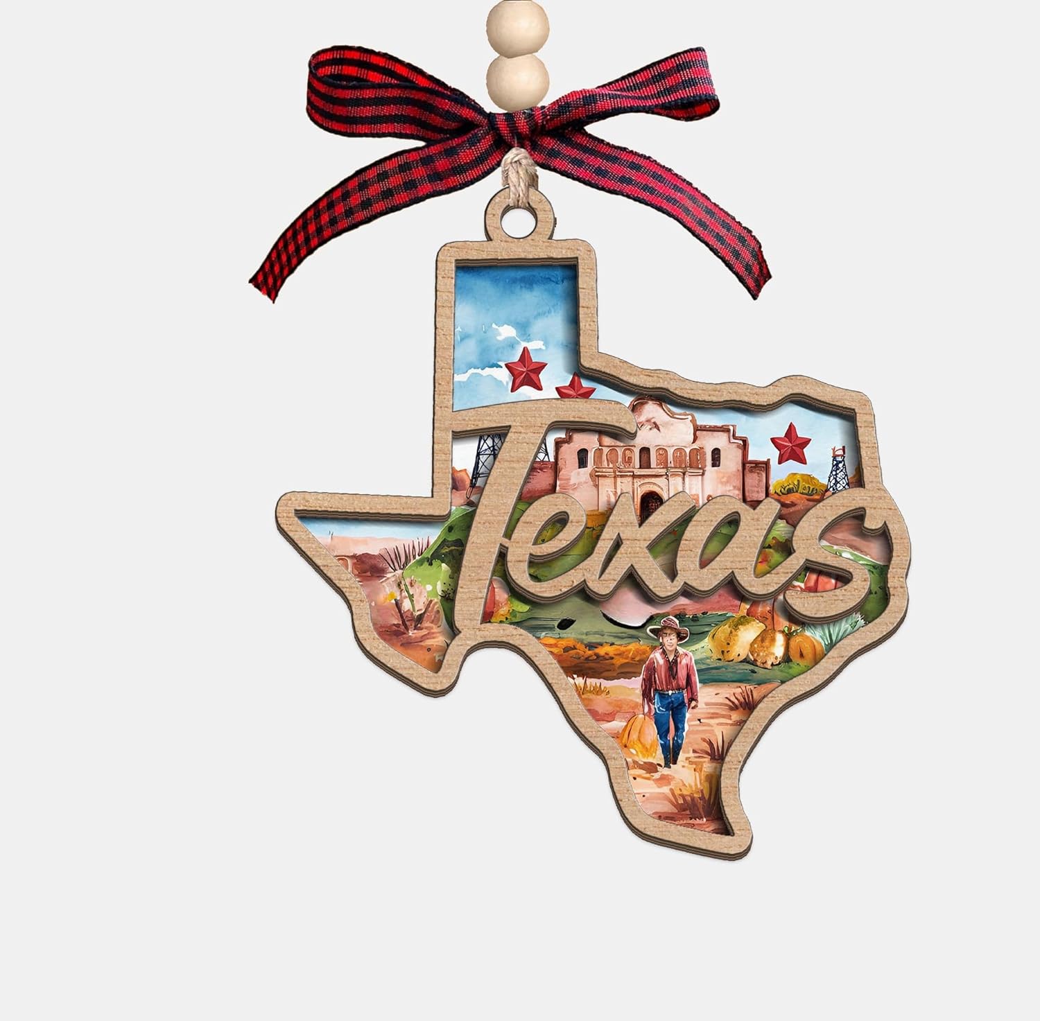 Texas State Christmas Wooden Ornament - 2-Layer Laser-Cut Wooden Keepsake - Rustic Holiday Decor & Ideal Travel Gift for Women Men Family & Friends - Texas Locals Gift