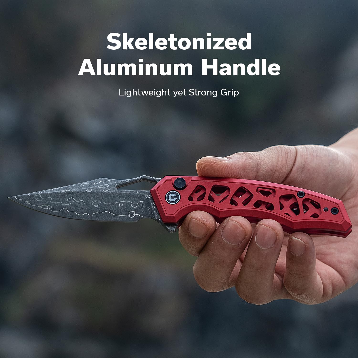 CIVIVI Anaaki Folding Pocket Knife, 2.98" Damascus Blade Aluminum Handle with Reversible Clip, Lightweight Skeletonized EDC Knife for Camping Hiking C24039-DS1, Red